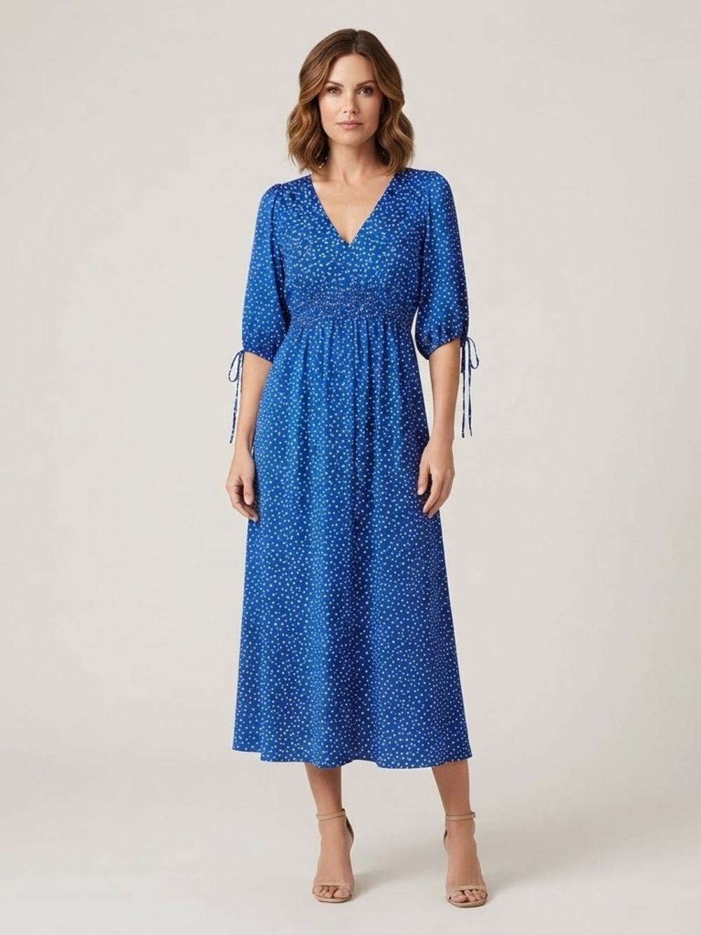 Taylor Women Blue Polka Dot Midi With Elastic Waist & Tie Sleeves Dress Size 8
